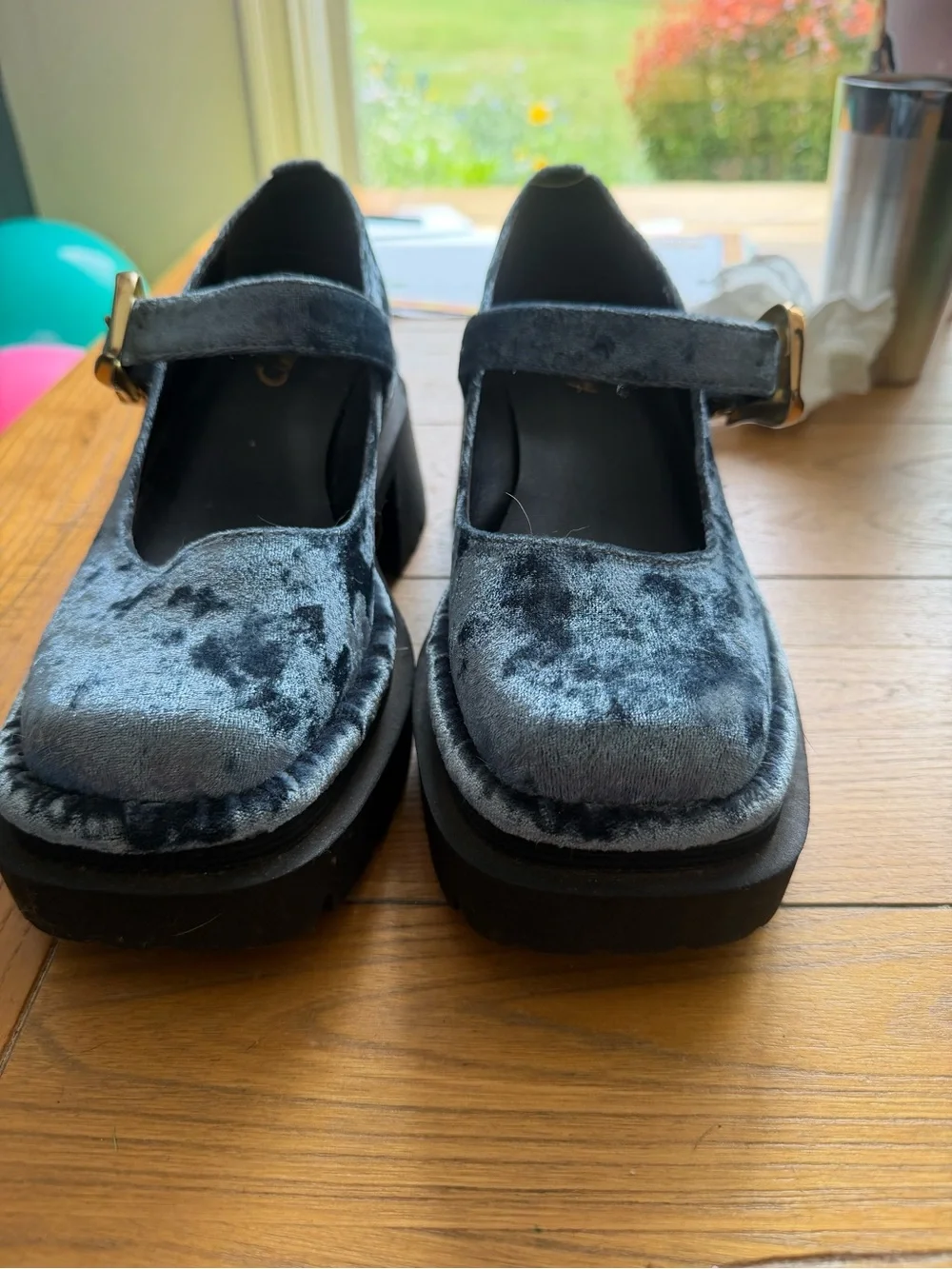 Circus by Sam Edelman Blue Velvet Mary Jane Platforms with Gold Buckles